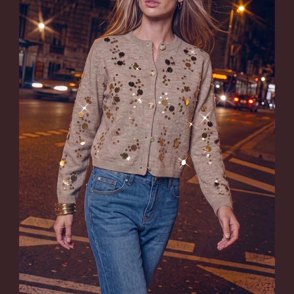 Tan Sequin Embellished Button Front Cropped Cardigan